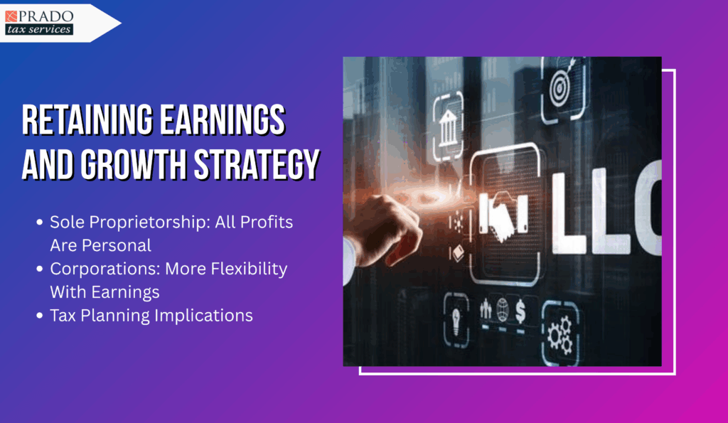 Retaining earnings and growth strategy can signal when a business should shift from a sole proprietorship to an LLC or corporation for better tax filing, tax preparation, and tax planning.