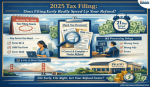 2025 tax filing infographic showing IRS filing start date, required tax forms like W-2 and 1099, refund timeline, common filing mistakes, and tips to get a faster tax refund