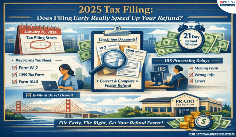 2025 tax filing infographic showing IRS filing start date, required tax forms like W-2 and 1099, refund timeline, common filing mistakes, and tips to get a faster tax refund