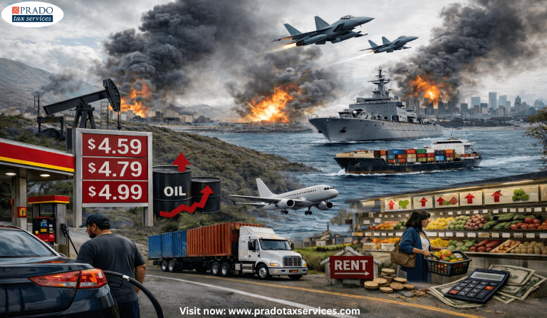 Rising gas prices during global conflict, showing fuel cost increases, oil supply disruption, transportation impact, and higher everyday expenses like groceries and rent.