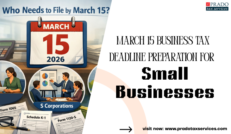 March 15 2026, business tax deadline calendar with small business owners reviewing form 1065 and Schedule K-1 tax documents