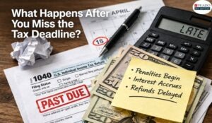 Missed tax deadline concept showing tax forms, “taxes due” note, and paperwork highlighting penalties and late filing stress
