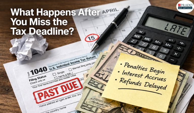 Missed tax deadline concept showing tax forms, “taxes due” note, and paperwork highlighting penalties and late filing stress
