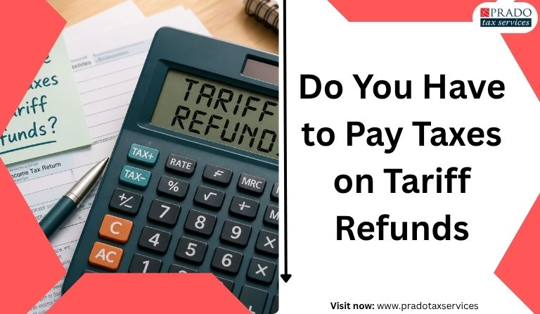 A realistic office desk scene showing a calculator on top of tax forms with a note asking, “Do you have to pay taxes on tariff refunds?” representing the process of understanding whether tariff refunds are taxable and how they affect tax calculations.