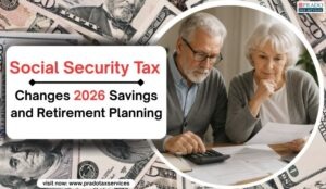 An older retired couple reviewing financial documents and using a calculator at home while planning Social Security taxes and retirement income.