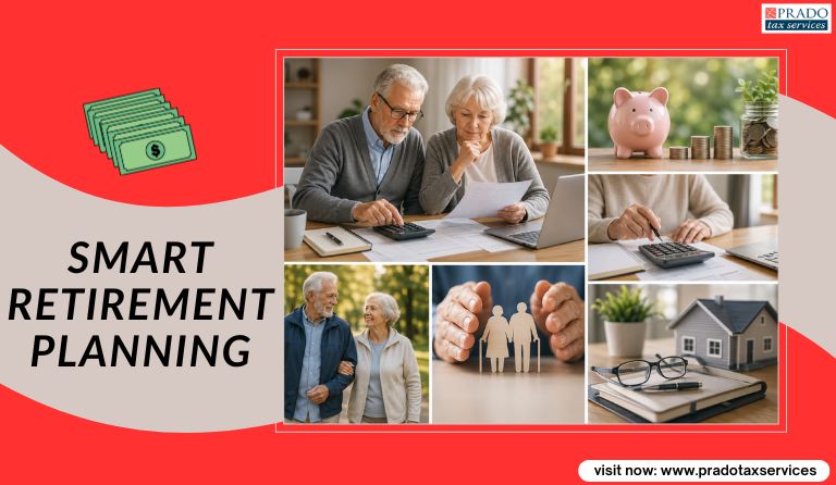 Collage featuring retirees reviewing financial documents, calculating retirement expenses, managing savings, and planning Social Security and retirement income for long-term financial stability.