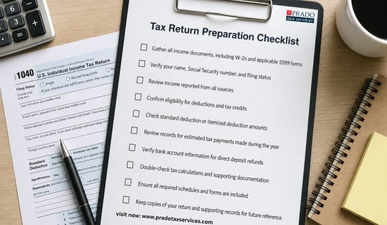 Tax Return Preparation Checklist for Form 1040 with tax documents, calculator, pen, and organized filing checklist on a professional office desk.