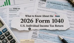 2026 Form 1040 U.S. Individual Income Tax Return with tax documents, Form 1040-ES, calculator, and pen highlighting key tax filing updates and estimated tax payment requirements.