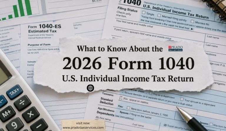 2026 Form 1040 U.S. Individual Income Tax Return with tax documents, Form 1040-ES, calculator, and pen highlighting key tax filing updates and estimated tax payment requirements.