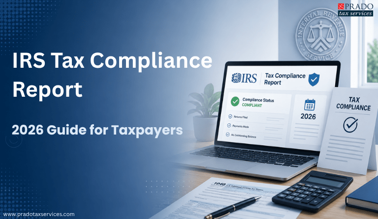IRS Tax Compliance Report 2026 guide showing a taxpayer reviewing federal tax compliance information