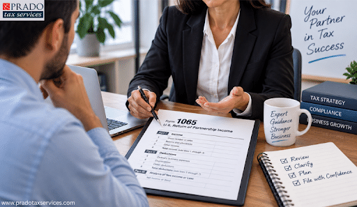 Tax professional helping a small business owner review Form 1065 and partnership tax documents