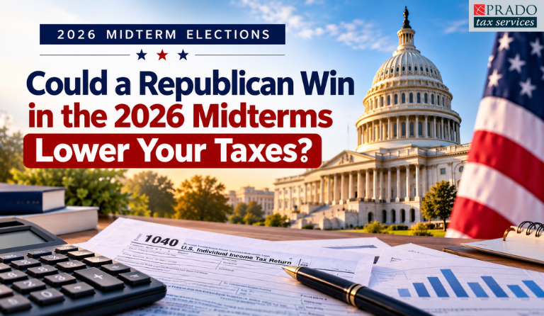 Could a Republican win in the 2026 midterms lower your taxes? US Capitol building, American flag, and tax documents illustrating potential federal tax policy changes.